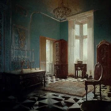 Ai digital illustration of a classic interior of a room with tiled floor, balcon Ilustración de archivo