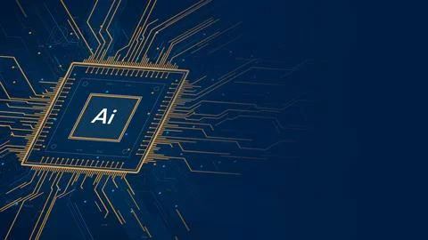 AI digital quantum chip with glowing circuitry high tech in perspective, Ar.. Stock Illustration