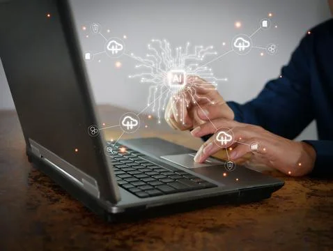 AI digital transformation, a man using computer touching virtual screen Stock Photos