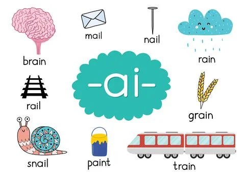 Ai digraph with words educational poster for kids. Learning phonics Illustrazione stock