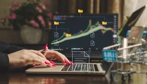 AI document management and digital archiving concept. Businesswoman using l.. 库存照片
