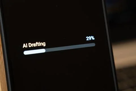 AI Drafting progress bar at 29 percent on a dark smartphone screen beside a Stock Photos