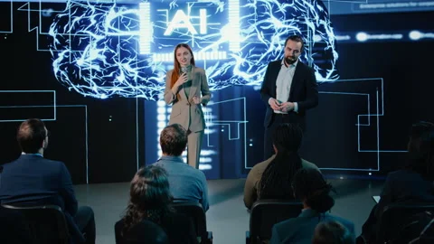 AI-driven business presentation showing machine learning and deep learning demos Stock Footage 328056993