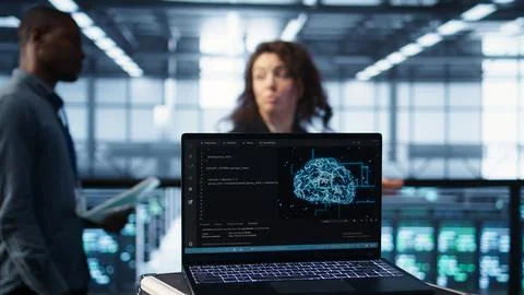 AI driven notebook used for overseeing server clusters, close up Foto stock