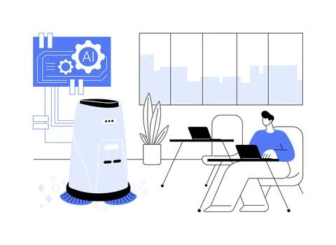 AI-Driven Office Cleaning Robots abstract concept vector illustration. Stock Illustration