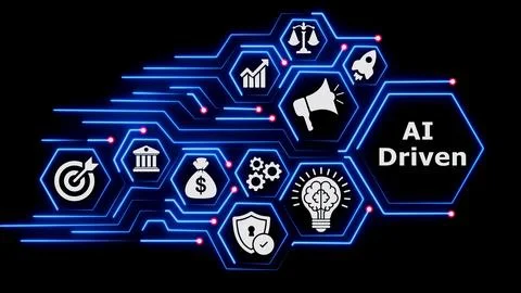 Ai driven text inside a hexagon surrounded by business tech icons. Stock Illustration