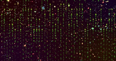 AI driving binary-curtain growth on purple gradient, confetti rising, layering Stock Footage 331166053