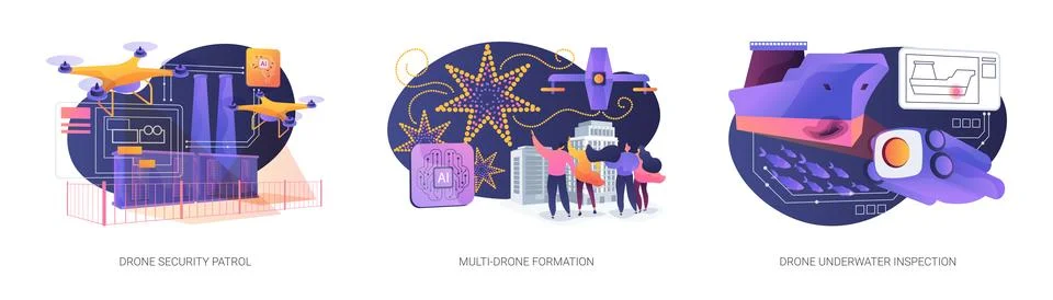 AI Drones for Security and Spectacle abstract concept vector illustrations. Stock Illustration
