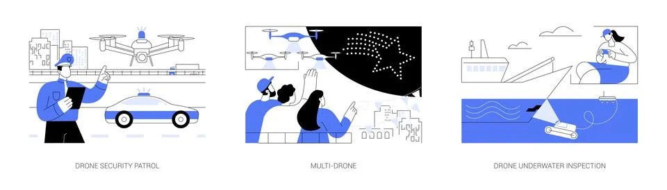 AI Drones for Security and Spectacle abstract concept vector illustrations. Stock Illustration