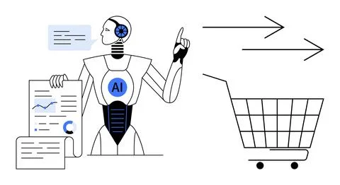 AI in E-Commerce Robot with Data and Shopping Cart Ilustración de archivo