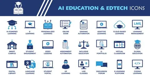 AI Education and EdTech Icon Set. Collection of AI-Powered Learning, E-Lear.. イラスト素材