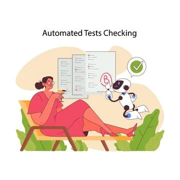 AI in education showcasing automated test checking with a robot. Flat vector 스톡 일러스트