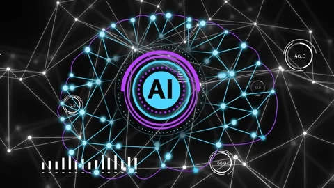 AI emblem activating, brainnet pulsing nodes and rings rotating while HUD Stock Footage 334337476