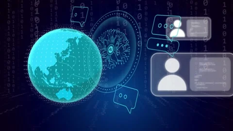 AI emblem anchoring globe entering right cards appearing bubbles linking showing Stock Footage 334351812