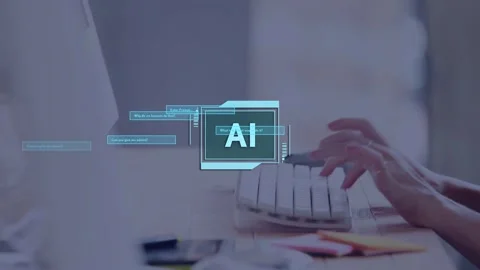 AI emblem appearing over keys, hands typing while data labels pulse and fade Stock Footage 334744543
