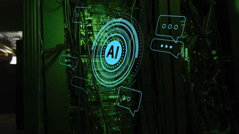 AI emblem appearing, server rack pulsing, rings rotating and bubbles orbiting to Stock Footage 335316898