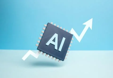 An AI enabled computer chip and an upward arrow. Rapid growth of artificial.. Foto stock