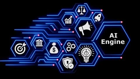 Ai engine text integrated into futuristic glowing data network. Illustrazione stock