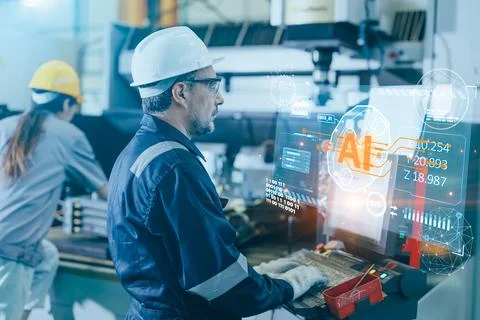 AI Engineering. Engineer worker male work in modern industry using AI techn.. Stock Photos