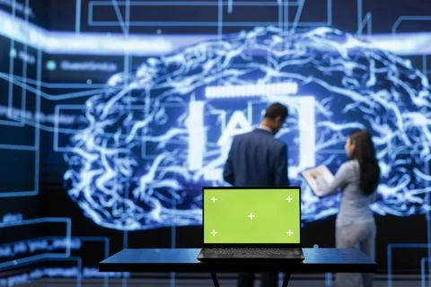 AI engineers using isolated screen device for business data analysis 스톡 사진