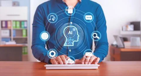 AI-enhanced workflow solutions for everyday tasks. Man using laptop with AI i Stock Photos