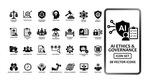 AI Ethics and Governance solid icon set containing 28 vector icons for comp.. Stock Illustration