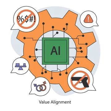 AI ethics. Artificial intelligence chip surrounded by symbols of value alignment Stock Illustration