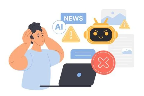 AI ethics, artificial intelligence content governance, man reading scary news at Stock Illustration