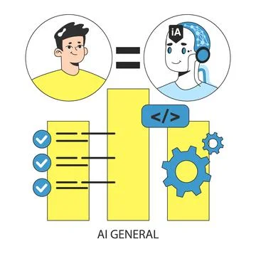 AI ethics. Man equated with artificial general intelligence or AGI. List ticks Stock Illustration