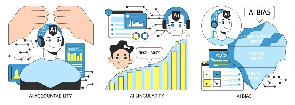 AI ethics set. Artificial intelligence alignment and regulation. Accountability, Stock Illustration