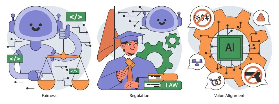AI ethics set. Artificial intelligence alignment and regulation. Accountability, イラスト素材
