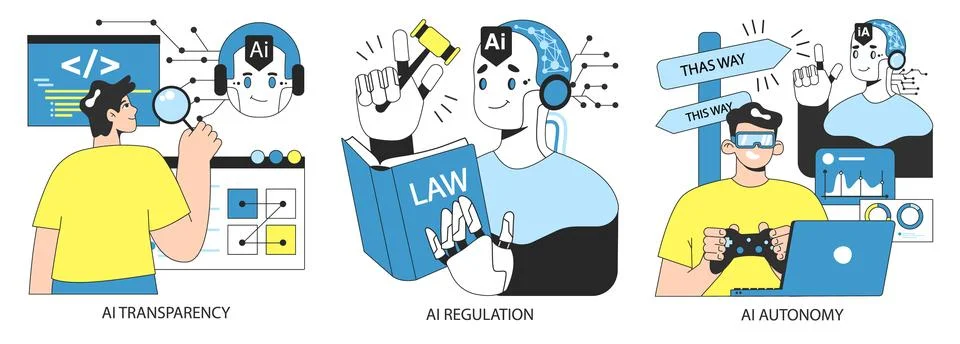 AI ethics set. Artificial intelligence alignment and regulation. Accountability, Illustrazione stock