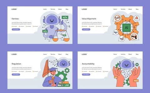 AI ethics web or landing set. Artificial intelligence alignment and regulation Illustrazione stock