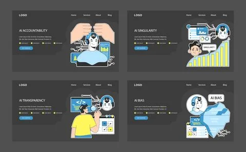 AI ethics web or landing dark or night mode set. Artificial intelligence Stock Illustration