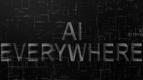 AI everywhere text technology data line black white color Stock Illustration