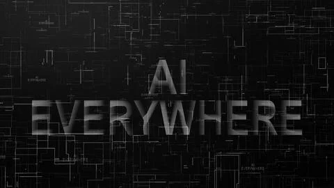 AI everywhere text technology data line black white Stock Illustration