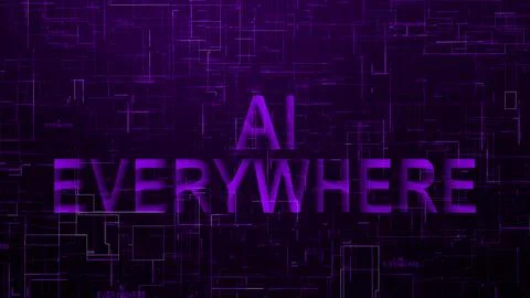 AI everywhere text technology data line purple color Stock Illustration