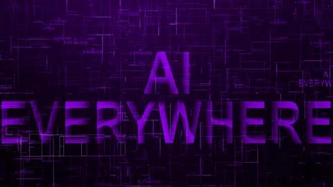 AI everywhere text technology data line purple Stock Illustration