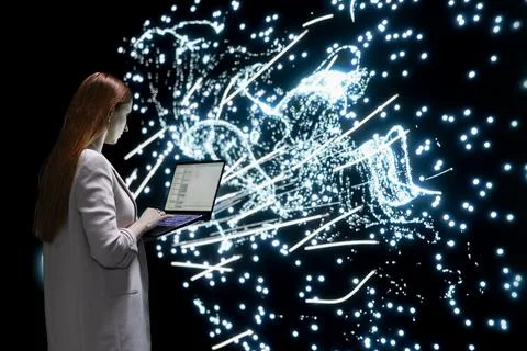 AI expert optimizes deep learning model with laptop, adjusts artificial neurons 스톡 사진