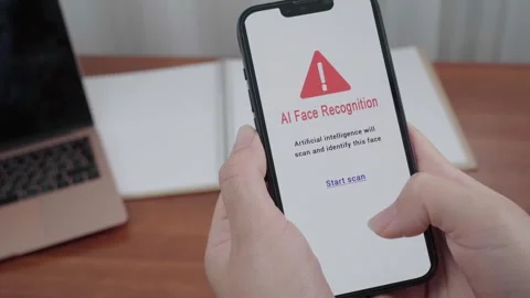 AI Face Recognition Alert on Smartphone Screen in User Hands Stock Footage 343718207