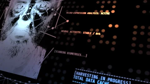 AI Facial Recognition HUD Screen with Biometric Data Scanning and Neural Stock Footage 340856969