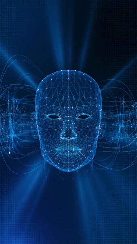 AI Facial Recognition Interface with Wireframe Human Face and Biometric Data 스톡 동영상 342626217