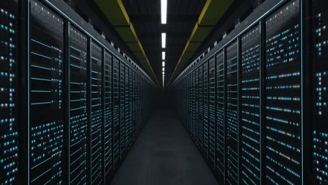 AI Factory GPU Rack Aisle Data Center Flythrough Seamless Loop Vídeo Stock 347071061
