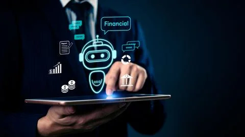AI financial assistant robot interface on tablet screen. Fintech chatbot, d.. Stock Photos