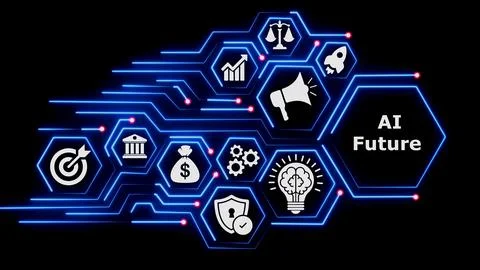 Ai future concept graphic with digital business icons on black. Stock Illustration