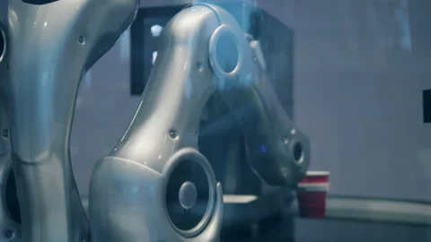 Ai, future science, technology concept. Robotic barista serving a cup of coffee Video stock 140670024