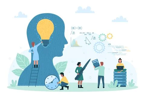 AI futuristic technology, machine learning, tiny people repair light bulb in Illustrazione stock