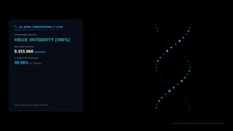AI gene sequencing DNA helix integrity HUD interface with live data stream. Stock Footage 344890793