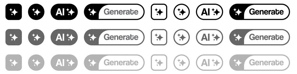 AI Generate button vector icon set, creative black and white user interface Stock Illustration