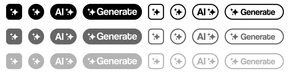 AI Generate button vector icon set, creative black and white user interface Stock Illustration
